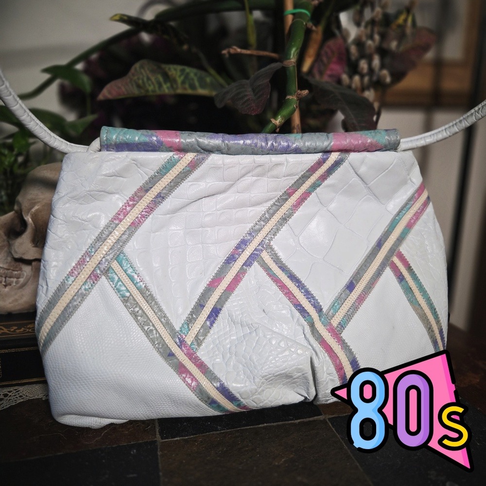 Vintage 80s Fifth Avenue Handbags White‎ Faux Croc Pastel Shoulder Bag USA